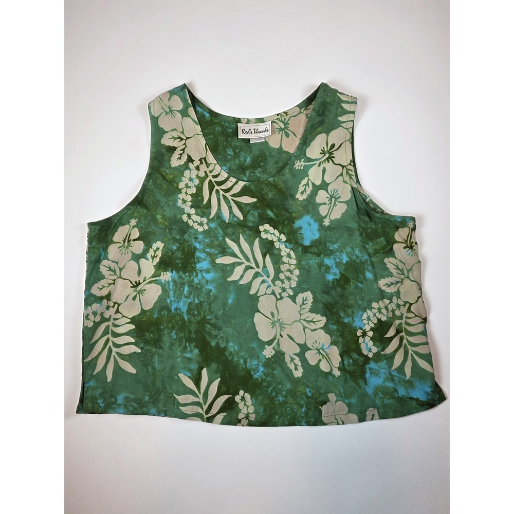 Reds Threads Womens Sleeveless Top XL Rayon Hawaiian Green Boxy Fit Tropical